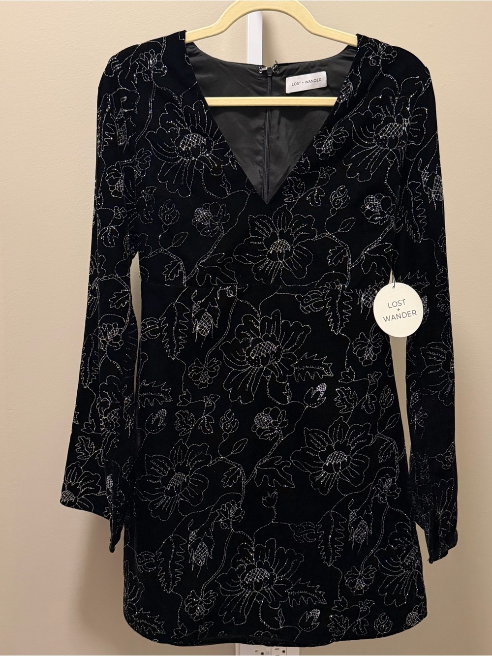 Lost + Wander Black Floral V-Neck Long Sleeve Mini Dress - Picture 2 of 6